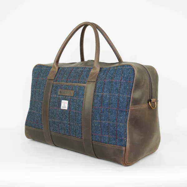 Holdall harris tweed blauw leer geruiten tas weekender weekendtas reistas