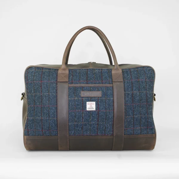 Holdall harris tweed blauw leer geruiten tas weekender weekendtas reistas front