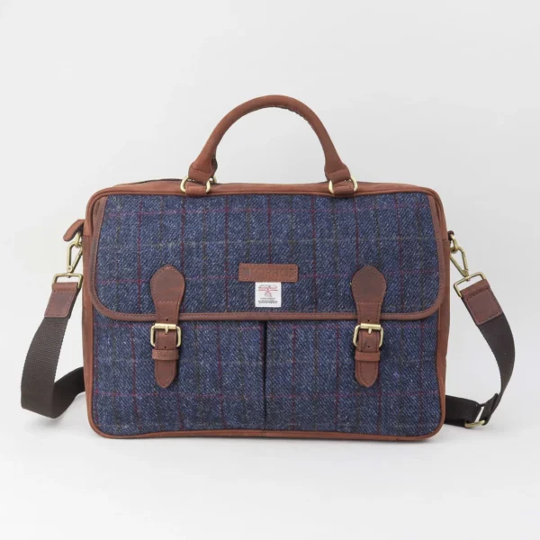 laptoptas Harris tweed blauw leer 14 seven briefcase zakelijke tas reistas blue schots geruit