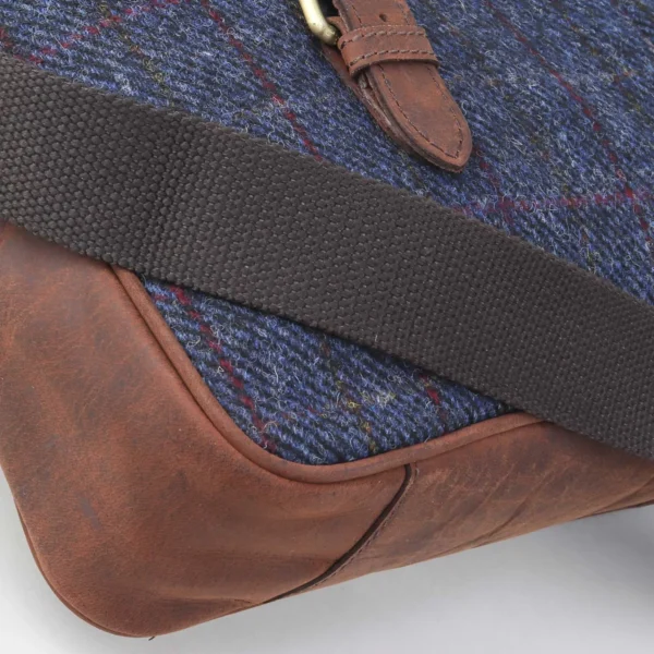 laptoptas Harris tweed blauw leer 14 seven briefcase zakelijke tas reistas blue schots geruit