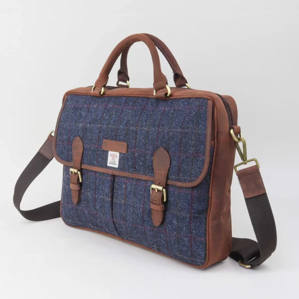 laptoptas Harris tweed blauw leer 14 seven briefcase zakelijke tas reistas blue schots geruit